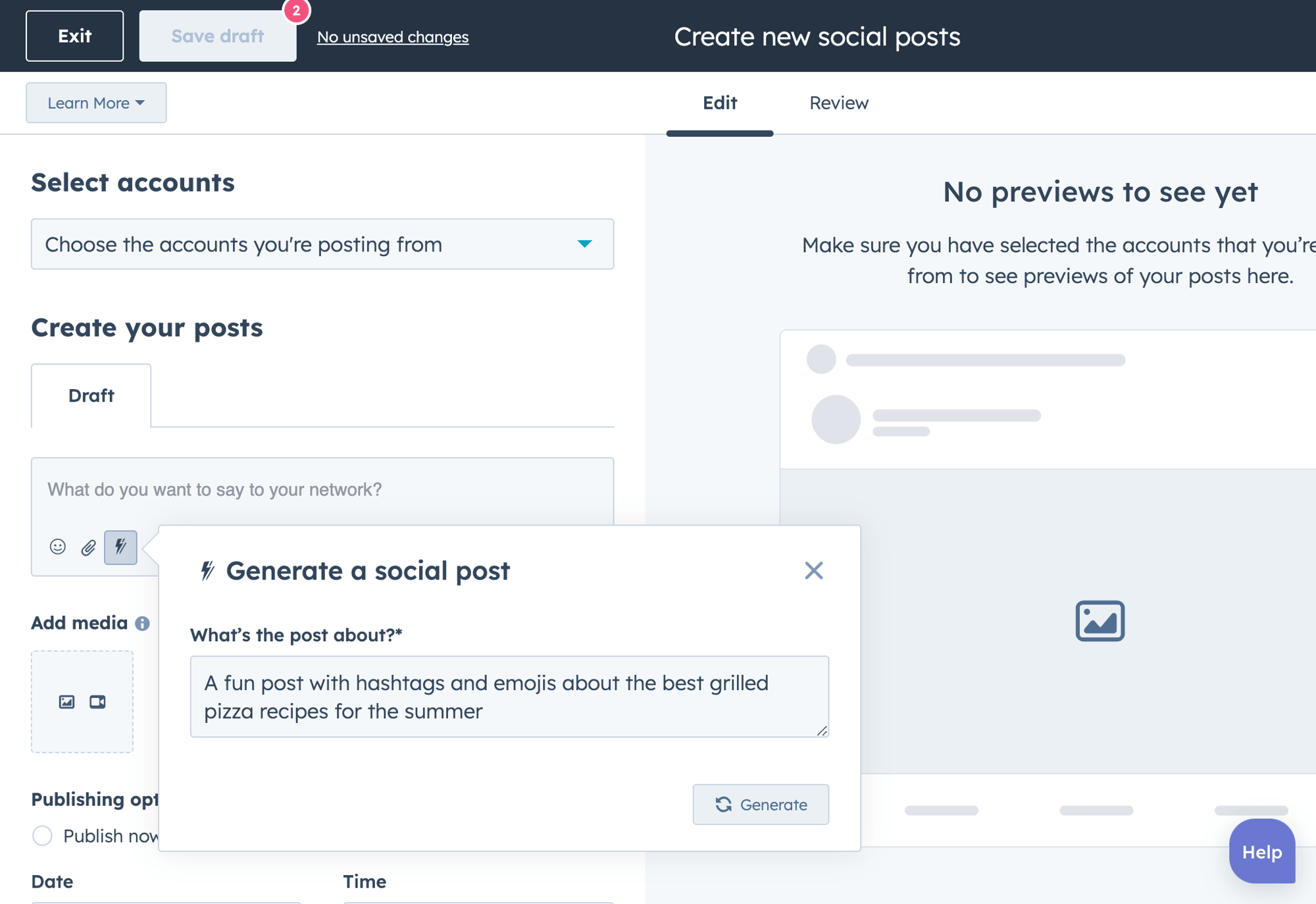 Screenshot des Content-Generators, der einen Social Post über Pizzarezepte schreibt