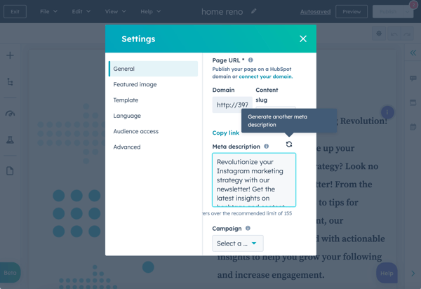 Generieren einer neuen Version der bestehenden Meta-Beschreibung mithilfe der Aktualisierungsfunktion im HubSpot-Content-Editor