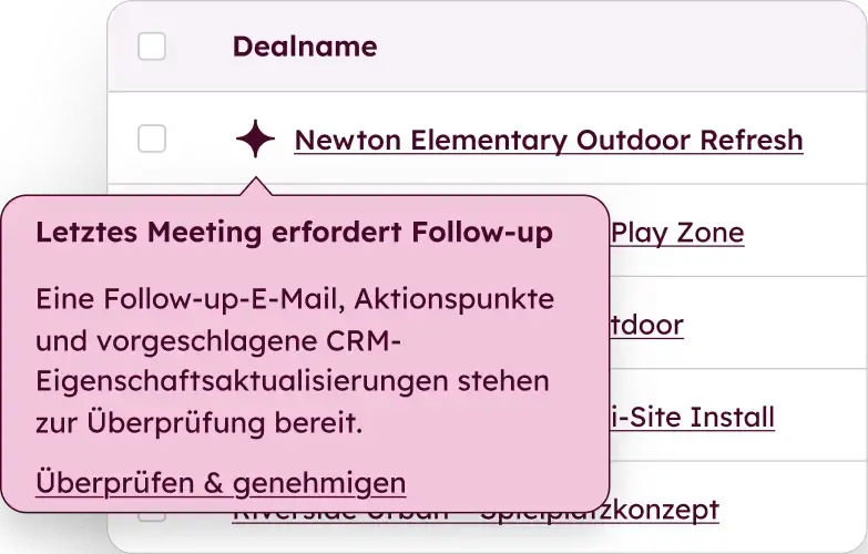 Die Vorschläge beziehen sich auf Transkripte, E-Mails, Notizen und den vollständigen Dealverlauf.
