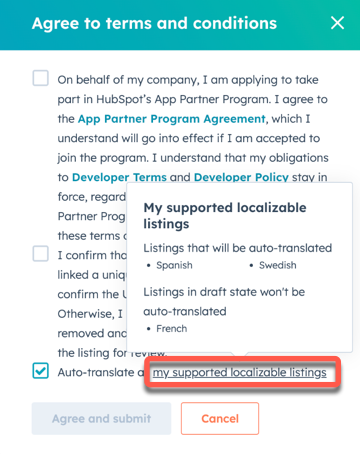 Unterstützte lokalisierbare Listings, die im Dialogfeld angezeigt werden, wenn Sie den Mauszeiger darüber bewegen.