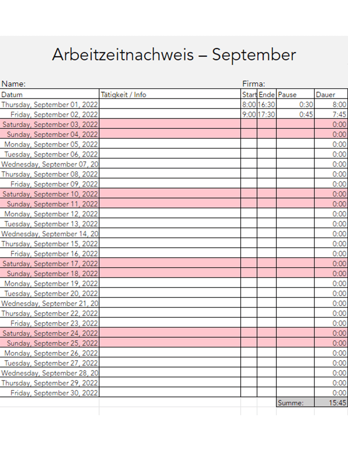 Working Hours Screenshot Excel 2