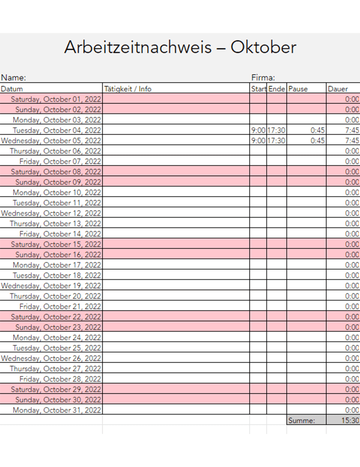 Working Hours Screenshot Excel 3