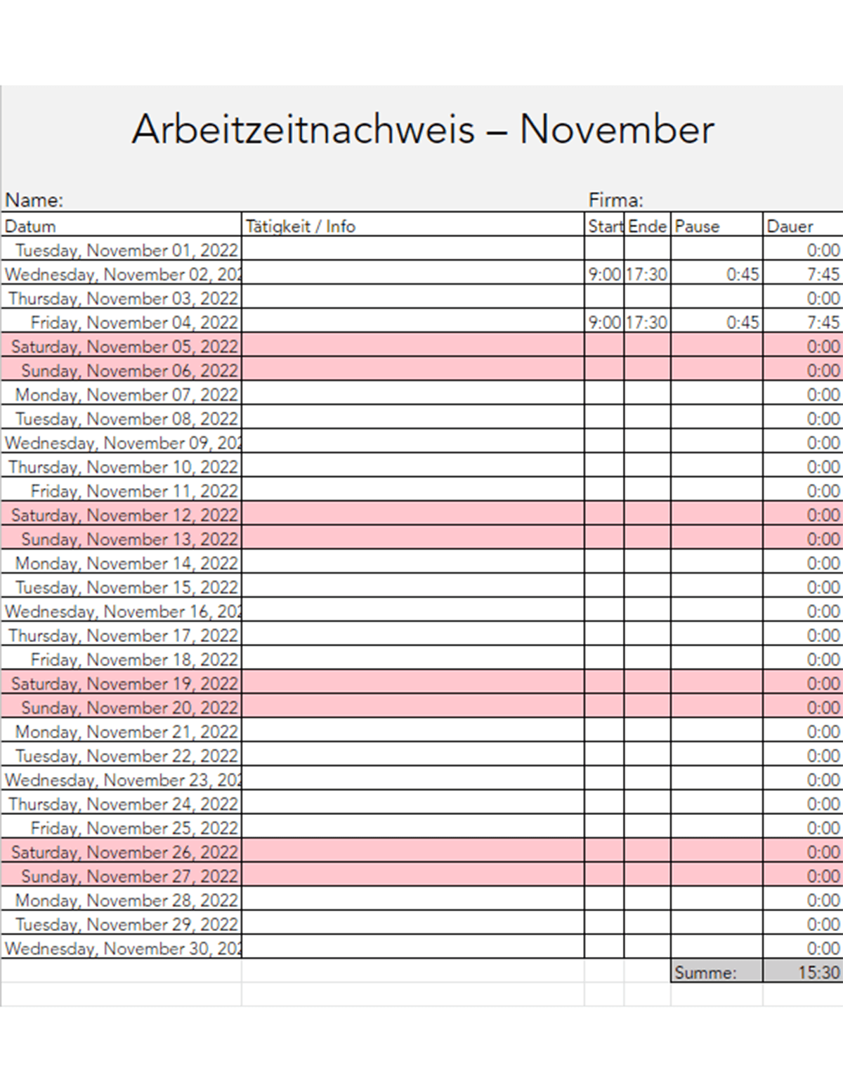 Working Hours Screenshot Excel 4