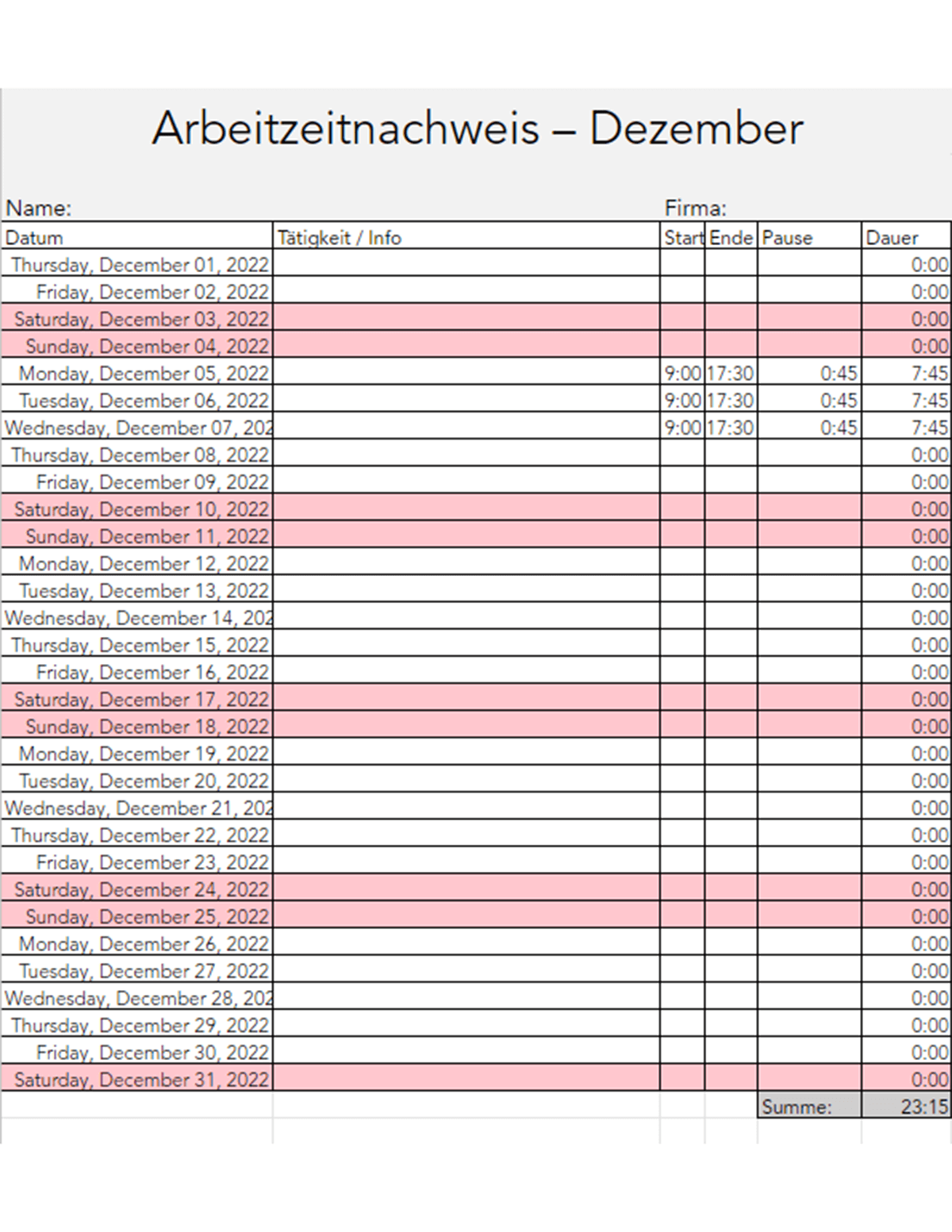 Working Hours Screenshot Excel 5